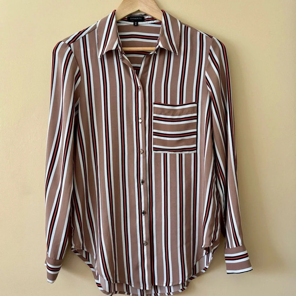 Dynamite| Classic Loose Tan Striped Oversized Flowy Collar & Button Shirt Sz S - Picture 1 of 7